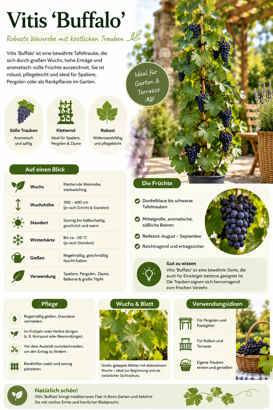 Vitis Buffalo 120-180 cm Weinrebe | Tafeltraube Blaue Weinrebe Rebstock Kletterpflanze winterhart