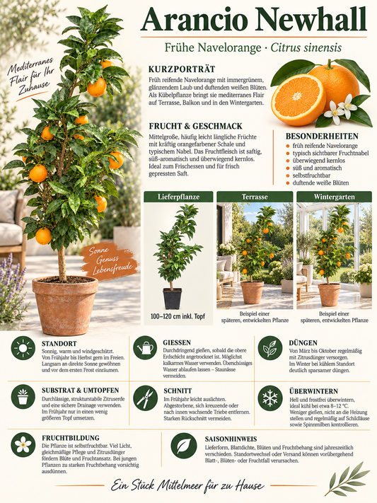 Arancio Newhall Navelorange 100–120 cm – Citrus sinensis Orangenbaum für Terrasse und Wintergarten