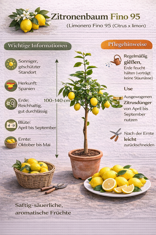Zitronenbaum Fino 95 (Limonero Fino 95) – Mediterrane Zitruspflanze ca. 100–140 cm inkl. Topf – Echter Zitronenbaum für Garten, Terrasse & Balkon