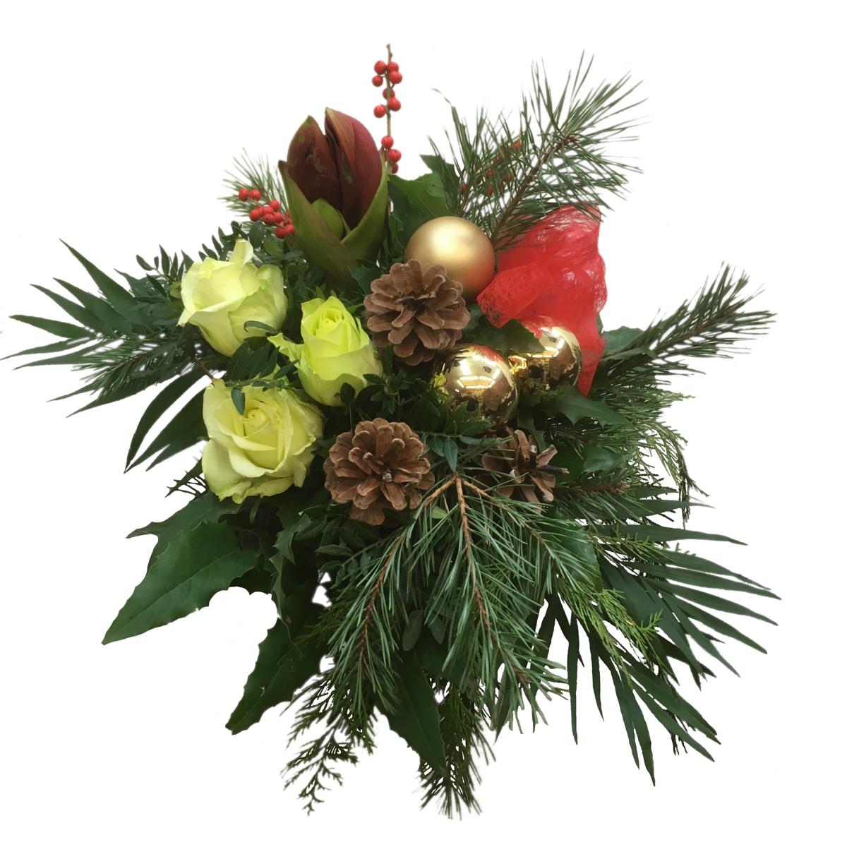 Kytice vánočního štěstí – Slavnostní kytice s amarylis, gerberou a doplňky pro vánoční období