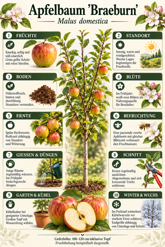 Apfelbaum ‘Braeburn’ Halbstamm – Herbstapfel für den Garten | 100–120 cm inkl. Topf | Malus domestica