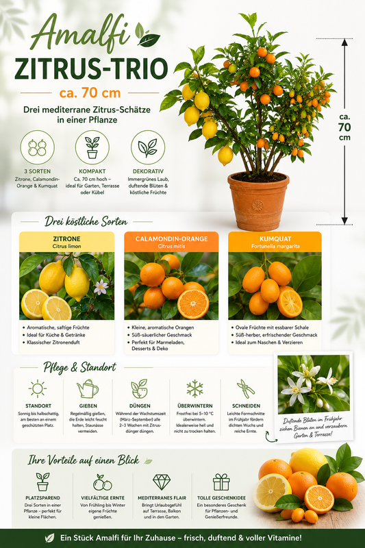 Amalfi Zitrus-Trio ca. 70 cm – Zitrone, Calamondin-Orange & Kumquat am Spalier – mediterrane Zitruspflanzen