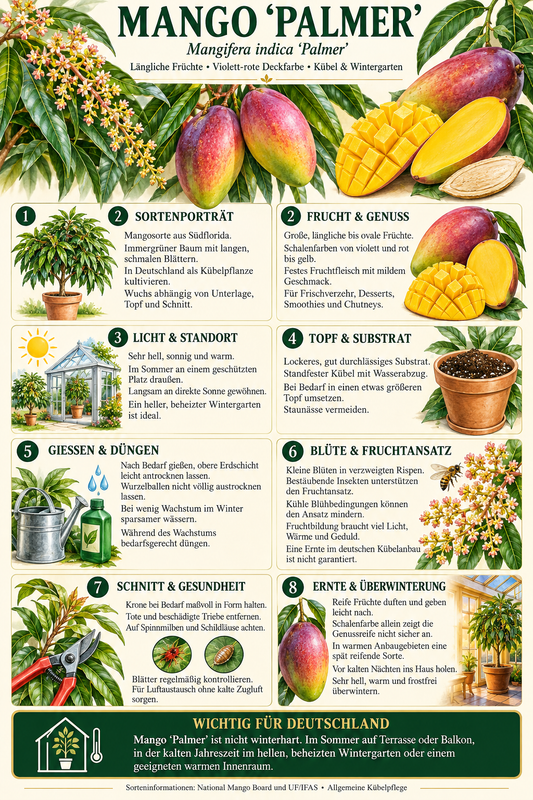 Mangobaum ‘Palmer’ – Mango-Pflanze für Kübel, Terrasse & Wintergarten – 140–180 cm inkl. Topf