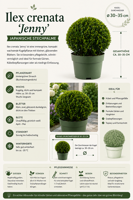 Ilex crenata 'Jenny Kugel' Ø 30–35 cm – Japanische Stechpalme Kugel | Buchsbaum-Ersatz | Immergrüne Heckenpflanze