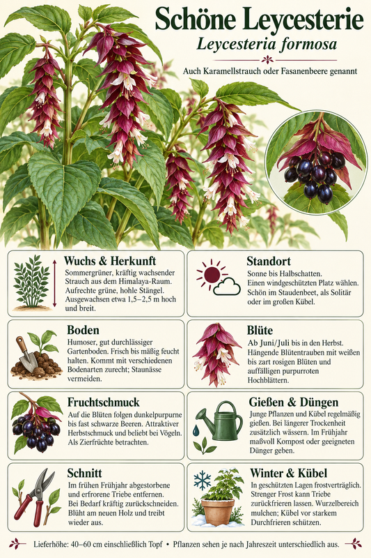 Karamellbeere – Schöne Leycesterie (Leycesteria formosa) – Blütenstrauch für Garten & Kübel – 40–60 cm inkl. Topf