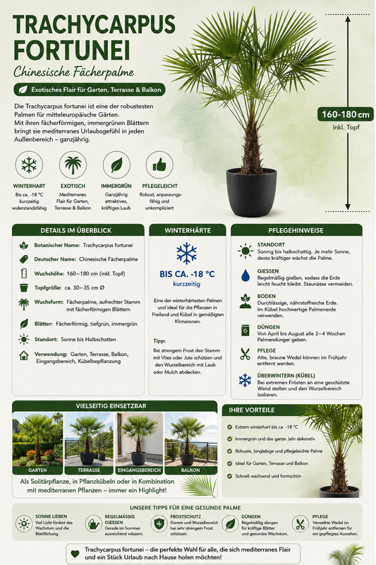 Chinesische Hanfpalme 160–180 cm – Trachycarpus fortunei – Winterharte Fächerpalme für Garten, Terrasse und Kübel