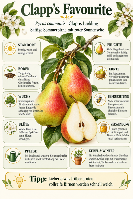 Birnbaum ‘Clapps Liebling’ – Pyrus communis ‘Clapp’s Favourite’ – saftige Sommerbirne für den Garten – 100–120 cm inkl. Topf