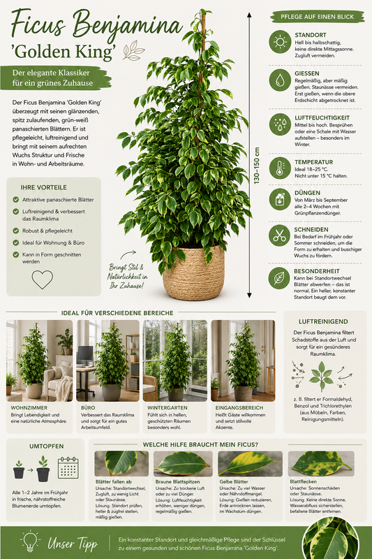 Ficus Benjamina 'Golden King' – Nenáročná pokojová rostlina, čistička vzduchu a poutavá rostlina, 130-150 cm