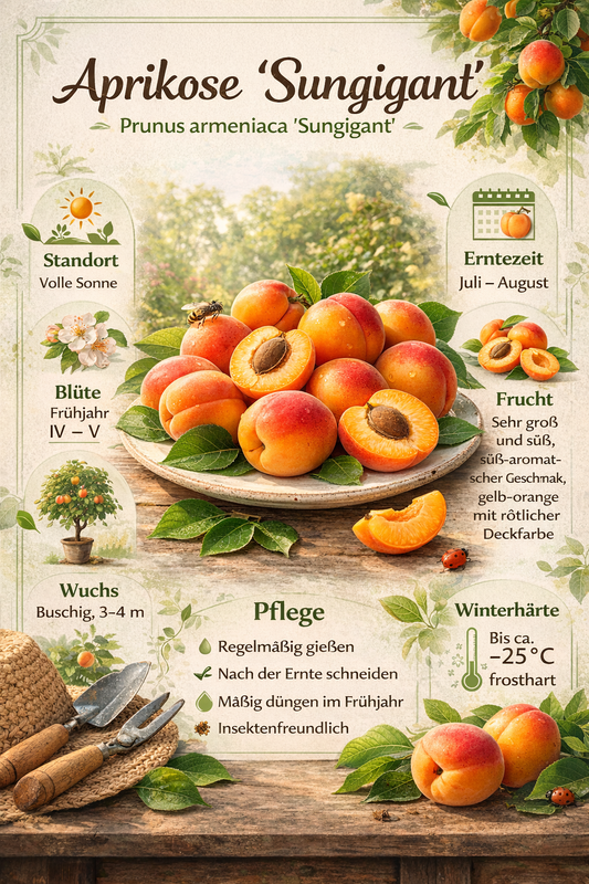 Aprikosenbaum Sungiant – Prunus armeniaca | Selbstfruchtende Aprikose 100–140 cm | Obstbaum für Garten & Kübel