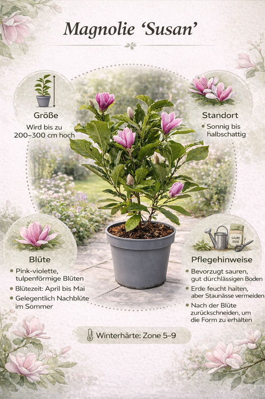 Magnolie 'Susan' 60-80 cm – Kvetoucí zahradní rostlina | Trpasličí magnólie v květináči, mrazuvzdorná a voňavá