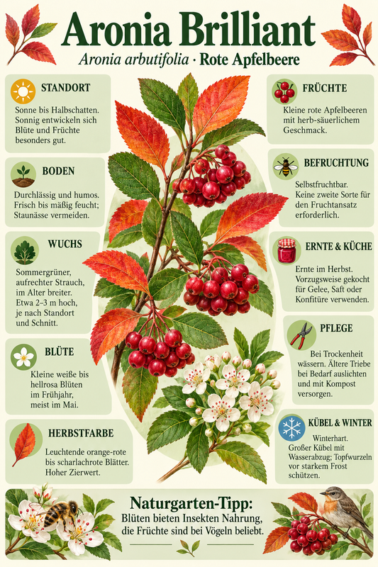 Rote Apfelbeere ‘Brilliant’ – Aronia arbutifolia – winterharter Zierstrauch mit Herbstfärbung – 40–60 cm inkl. Topf