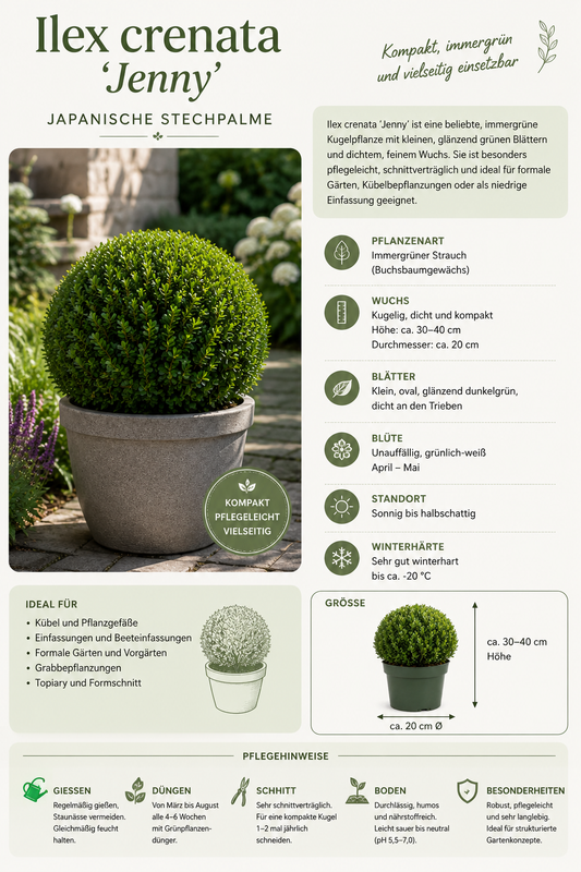 Ilex crenata Jenny Kugel Ø ca. 20 cm – Japanische Stechpalme Kugel | Buchsbaum-Ersatz | Immergrüne Heckenpflanze