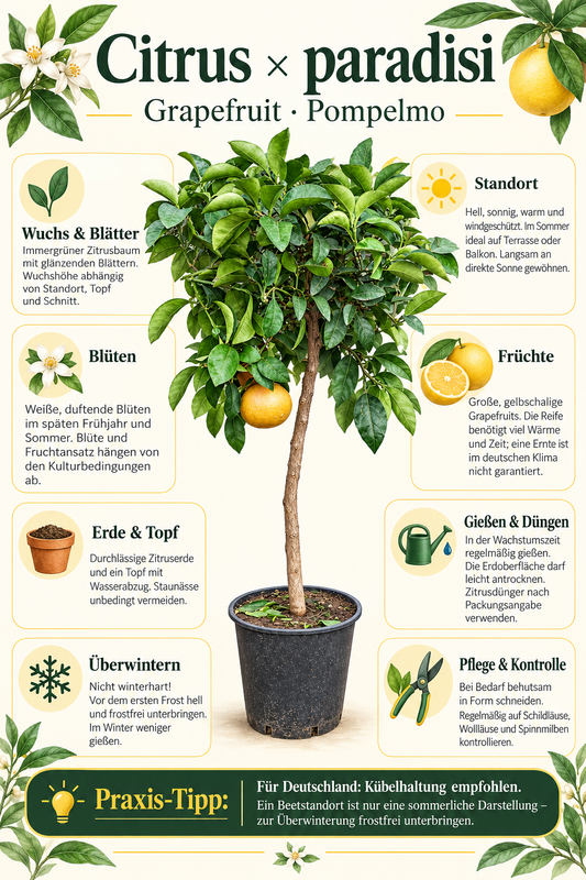 Grapefruitbaum – Citrus paradisi, immergrüne Zitruspflanze für Kübel, Terrasse & Wintergarten – ca. 120 cm inkl. Top