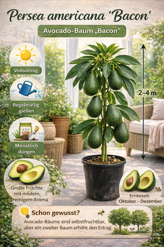 Avocado Baum „Bacon“ im Topf 120–160 cm – Avocadopflanze Kübelpflanze für Terrasse Balkon Zimmerpflanze Obstbaum kaufen