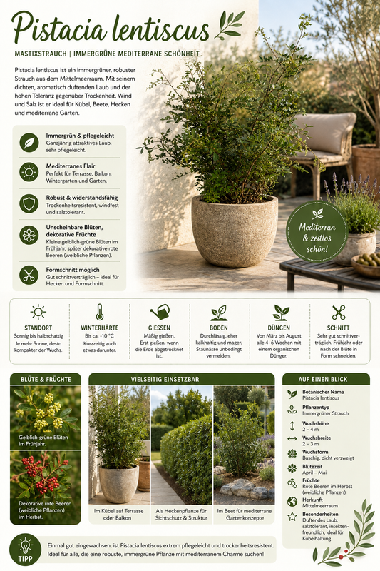 Pistacia lentiscus 70–100 cm – Mastixstrauch – immergrüne mediterrane Pistazie für Kübel, Balkon & Terrasse