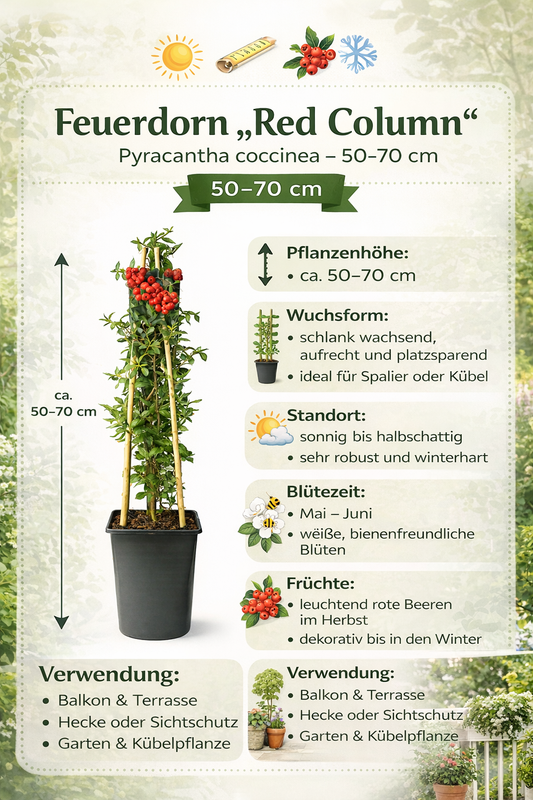 Feuerdorn Red Column 50–70 cm – Pyracantha coccinea Red Column immergrüner Zierstrauch Heckenpflanze mit roten Beeren winterhart