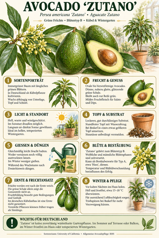 Avocadobaum ‘Zutano’ – Avocado-Pflanze (Persea americana) für Kübel, Terrasse & Wintergarten – 150–200 cm inkl. Topf
