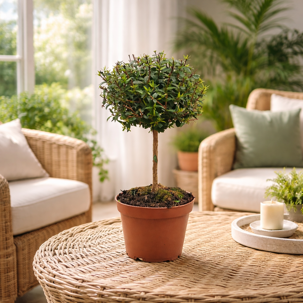 Brautmyrte Stämmchen ca. 50 cm – Echte Myrte (Myrtus communis) –  Immergrünes Stämmchen für Balkon & Terrasse
