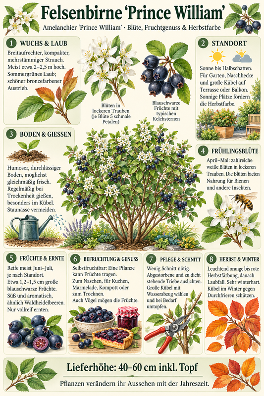 Felsenbirne ‘Prince William’ – Amelanchier, winterharter Obststrauch mit essbaren Früchten – 40–60 cm inkl. Topf