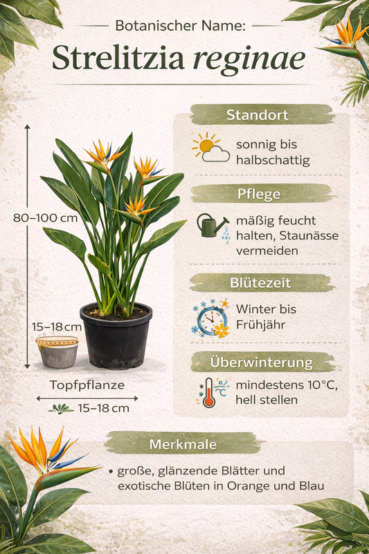 Strelitzia reginae 80–100 cm – Paradiesvogelblume / Strelitzie – exotische Zimmerpflanze, 2–3 Pflanzen pro Topf, 5–6 Jahre alt