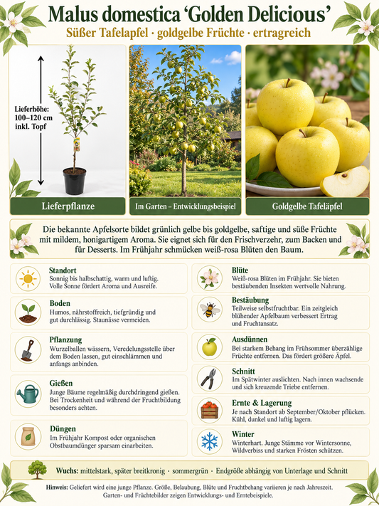 Apfelbaum Golden Delicious 100–120 cm – Malus domestica, ertragreicher Obstbaum mit süßen gelben Äpfeln