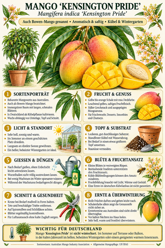 Mangobaum ‘Kensington Pride’ – Mango-Pflanze für Kübel, Terrasse & Wintergarten – 140–180 cm inkl. Topf