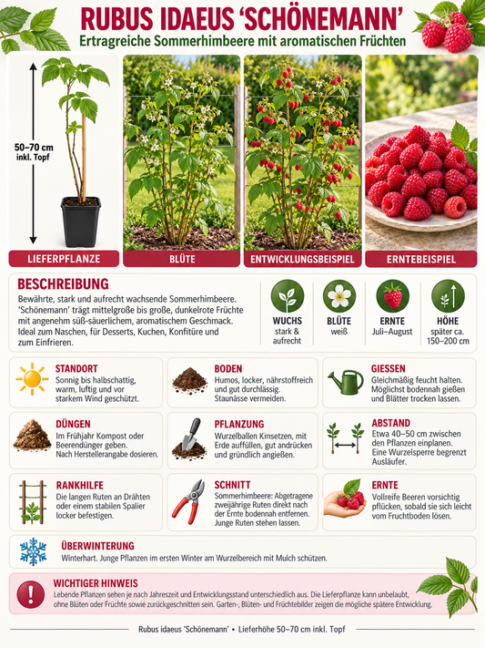Himbeere ‘Schönemann’ 50–70 cm – Rubus idaeus Sommerhimbeere, aromatischer Beerenstrauch für Garten und Naschgarten