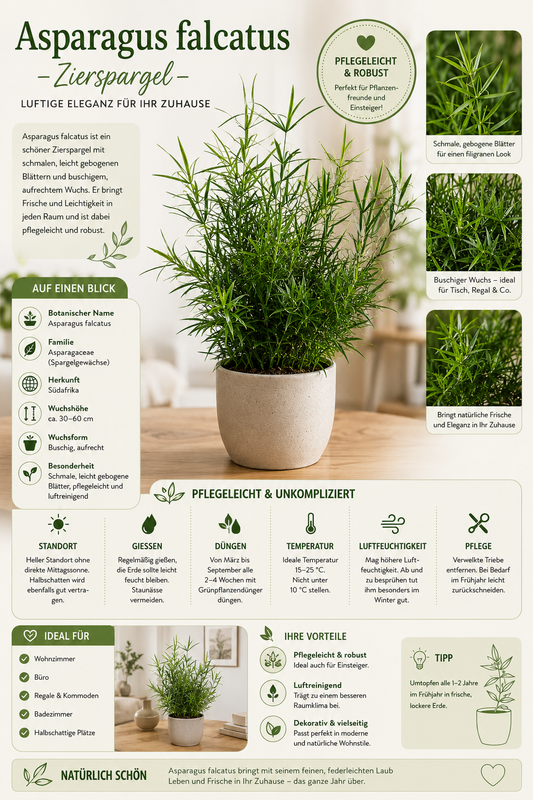 Asparagus falcatus ca. 35 cm – Zierspargel | Sicheldorn-Spargel | Immergrüne Zimmerpflanze für Wohnraum, Büro & Wintergarten