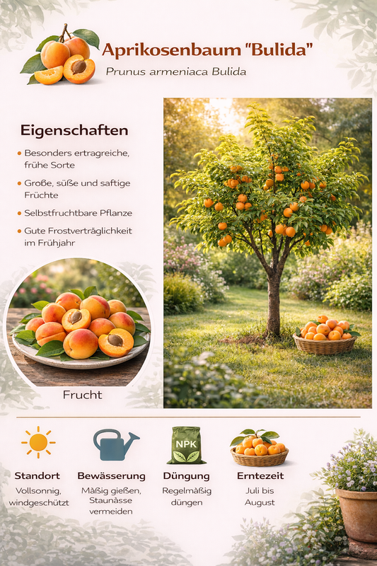 Aprikosenbaum Prunus armeniaca ‘Bulida’ – Winterharte Aprikose / Marille, Obstbaum 100–140 cm