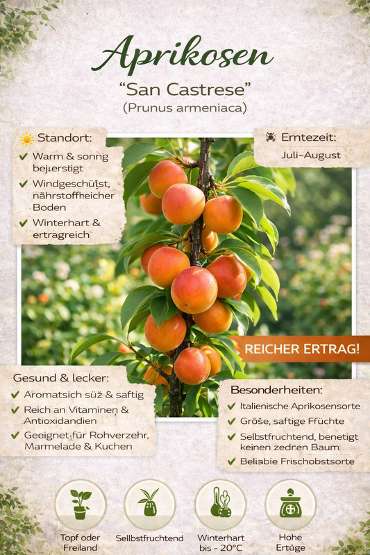 Aprikosenbaum Prunus armeniaca ‘San Castrese’ – robuster Aprikosen-Obstbaum, winterhart, 100–140 cm