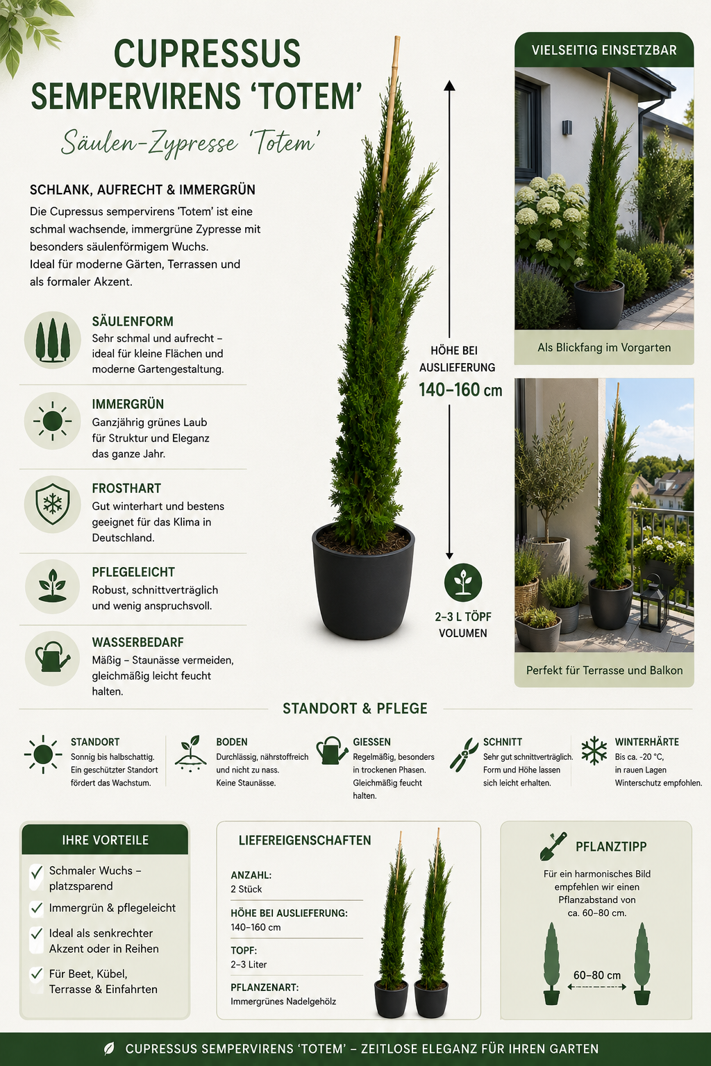 Cupressus sempervirens Totem 140–160 cm – Säulenzypresse Mediterrane Zypresse Italienische Zypresse Wintergrün