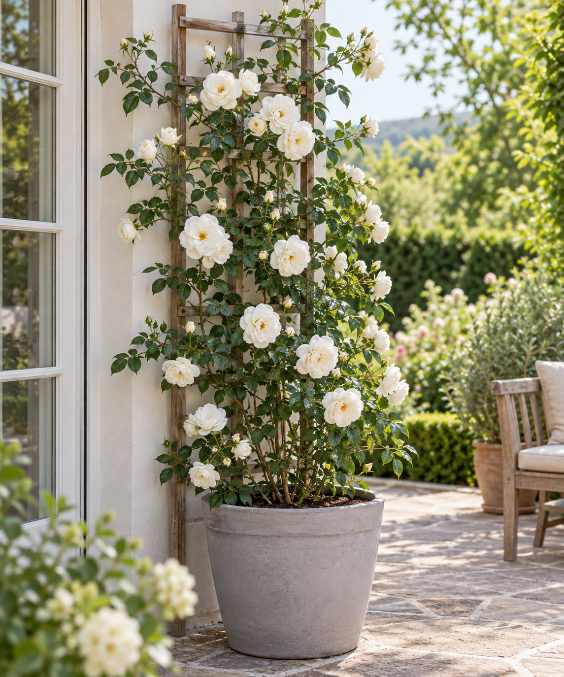 Weiße Kletterrose ‘Climbing Garden Beauties White’ – Rose für Garten, Terrasse & Kübel – 50–70 cm inkl. Topf