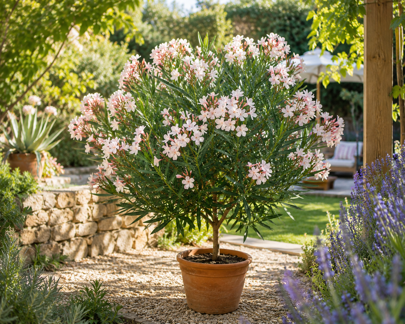 Oleander Stämmchen 'Alsace' (Nerium oleander) 120–150 cm inkl. Topf – Mediterraner Rosenlorbeer Wintergarten Kübelpflanze Blühpflanze