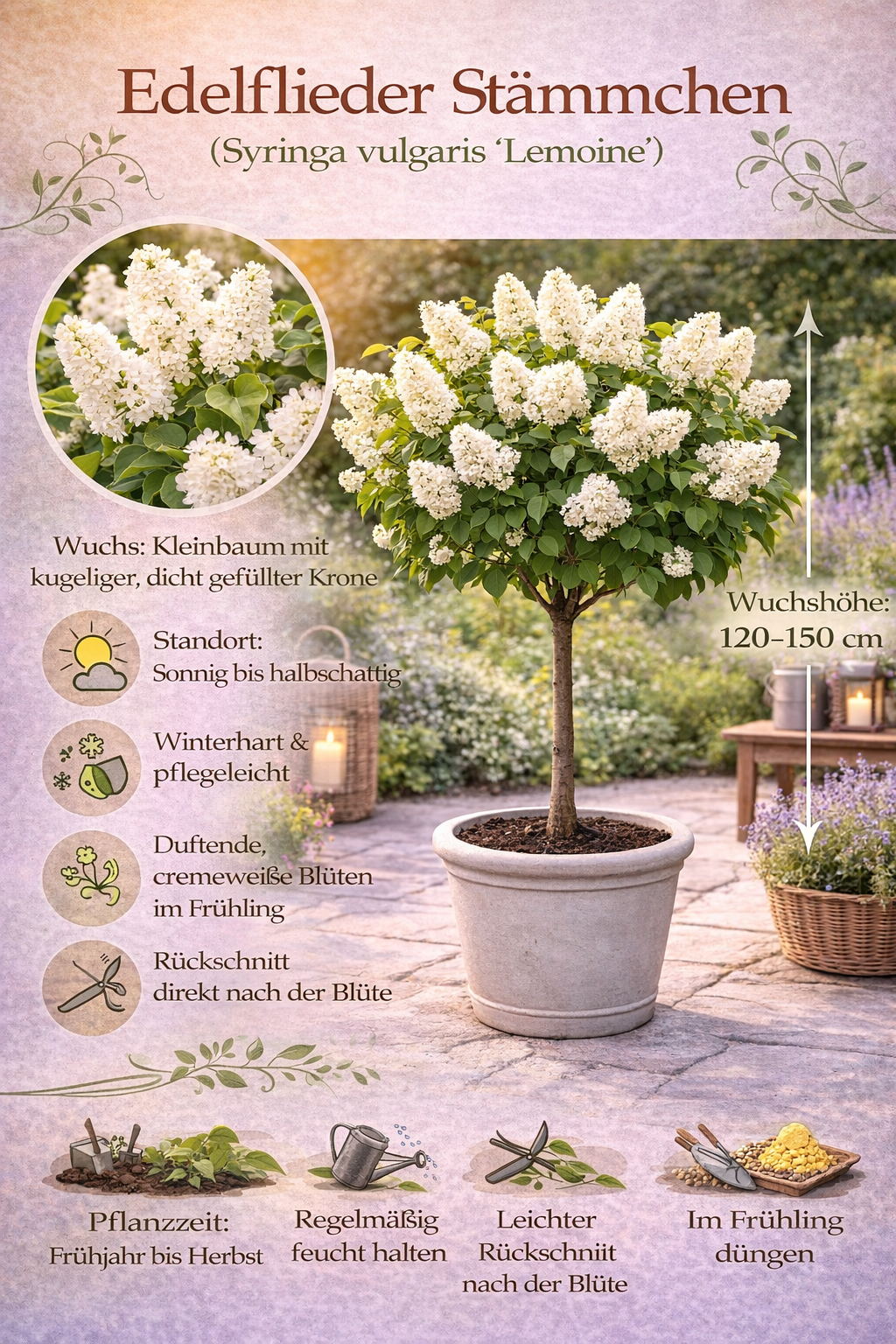 Edelflieder Stämmchen Mme Lemoine 60-80 cm – Syringa vulgaris weiß gefüllt, Duftflieder Stamm