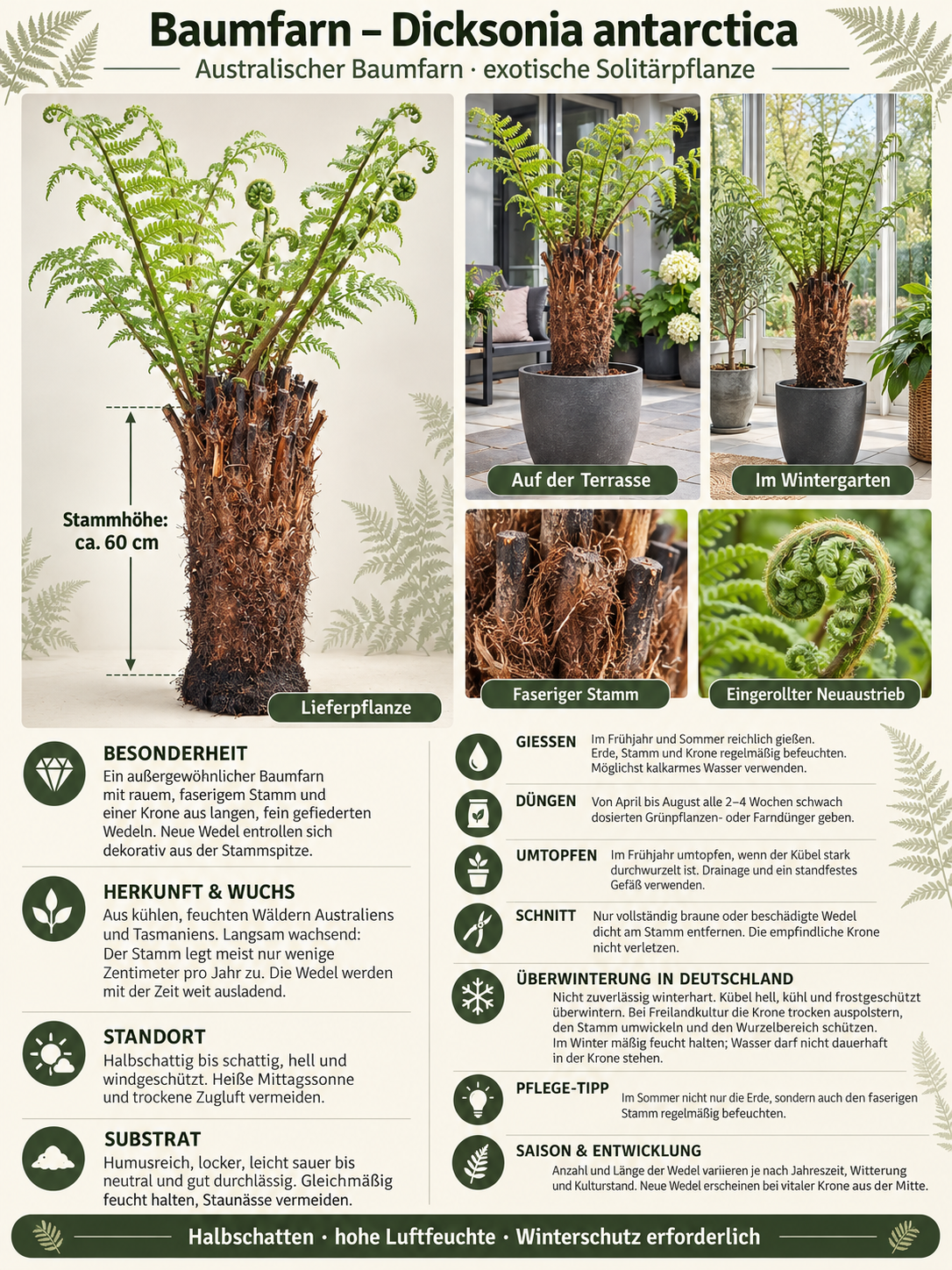 Baumfarn Dicksonia antarctica mit 60 cm Stamm – Australischer Taschenfarn für Kübel und Wintergarten
