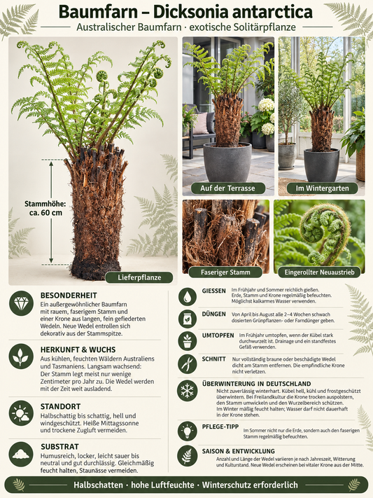 Baumfarn Dicksonia antarctica mit 60 cm Stamm – Australischer Taschenfarn für Kübel und Wintergarten