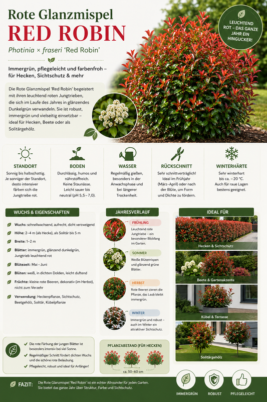 Rote Glanzmispel Red Robin 40–60 cm – Immergrüne Heckenpflanze, Photinia fraseri, winterhart, rote Austriebe