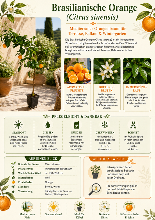 Brasilianische Orange (Citrus sinensis) – Arancio Brasiliano, 100-120 cm | Exotischer Orangenbaum für Zuhause