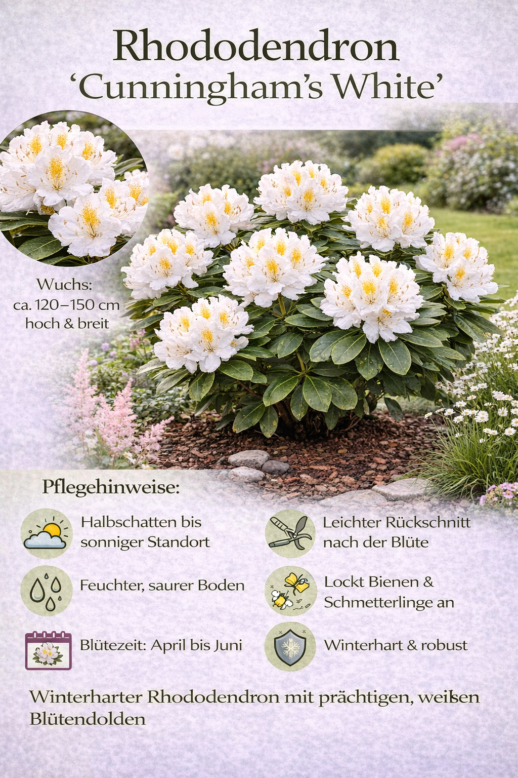 Rhododendron Cunningham’s White 15–20 cm – Weiß blühender Alpenrose Strauch, winterhart & immergrün