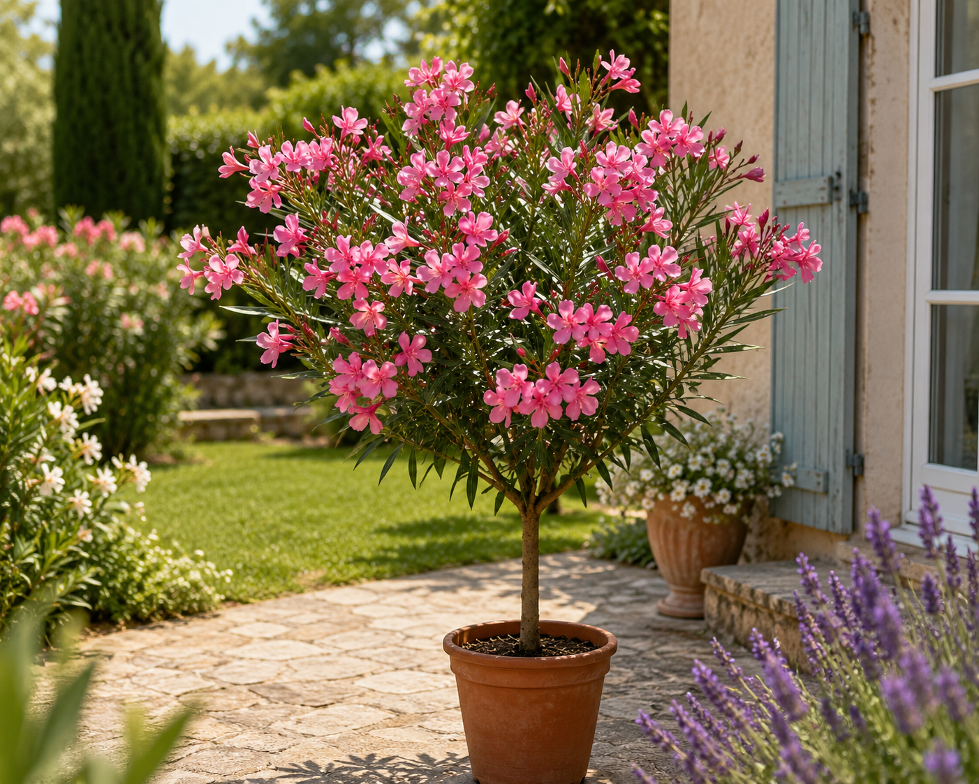 Oleander Stämmchen Emile Sahut 120–150 cm – Nerium Oleander mit roten Blüten, mediterrane Kübelpflanze