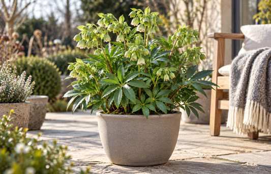 Stinkende Nieswurz – Helleborus foetidus, immergrüne winterharte Blütenstaude für Garten & Kübel – 15–20 cm inkl. Topf