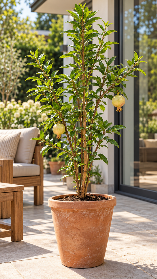 Granatapfel ‘Haku Botan’ – Punica granatum – weiß blühender Granatapfelstrauch für Terrasse & Kübel – 40–60 cm inkl. Topf