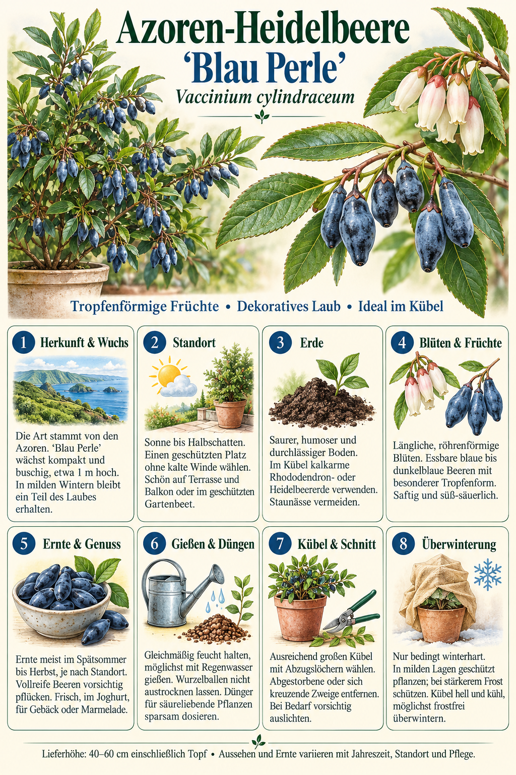 Azoren-Heidelbeere ‘Blue Pearl’ – Vaccinium cylindraceum, Blaubeere für Garten & Kübel – 40–60 cm inkl. Topf