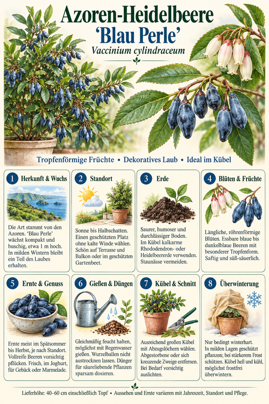 Azoren-Heidelbeere ‘Blue Pearl’ – Vaccinium cylindraceum, Blaubeere für Garten & Kübel – 40–60 cm inkl. Topf