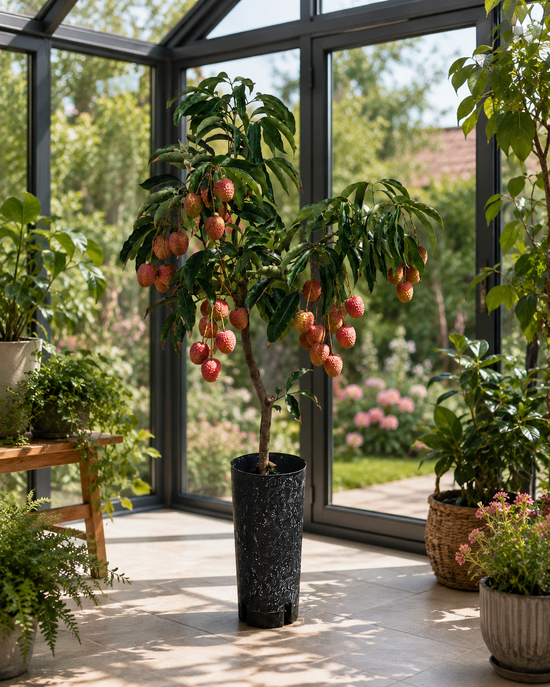Litschi Kwai Mai Pink (Litchi chinensis Kwai Mai Pink) – Litschibaum, Lychee Pflanze, exotischer Obstbaum, immergrüne Kübelpflanze