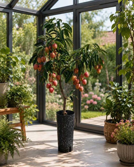Litschi Kwai Mai Pink (Litchi chinensis Kwai Mai Pink) – Litschibaum, Lychee Pflanze, exotischer Obstbaum, immergrüne Kübelpflanze