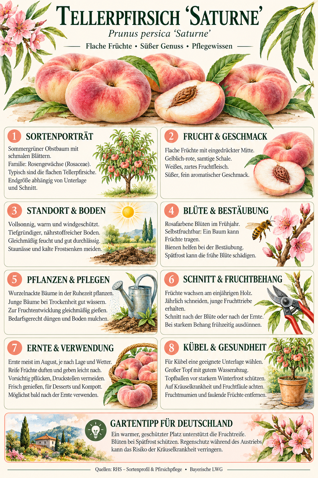 Tellerpfirsichbaum ‘Saturne’ – Prunus persica | Süßer Plattpfirsich für Garten & Terrasse | 160–200 cm inkl. Topf