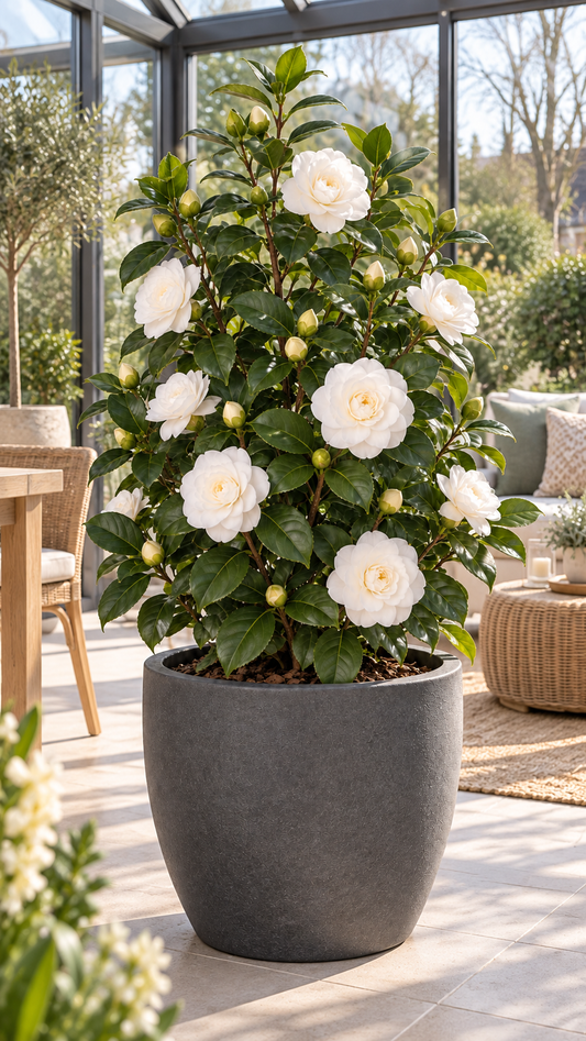 Weiße Kamelie ca. 50 cm – Camellia, immergrüne Blütenpflanze für Garten, Terrasse und Kübel
