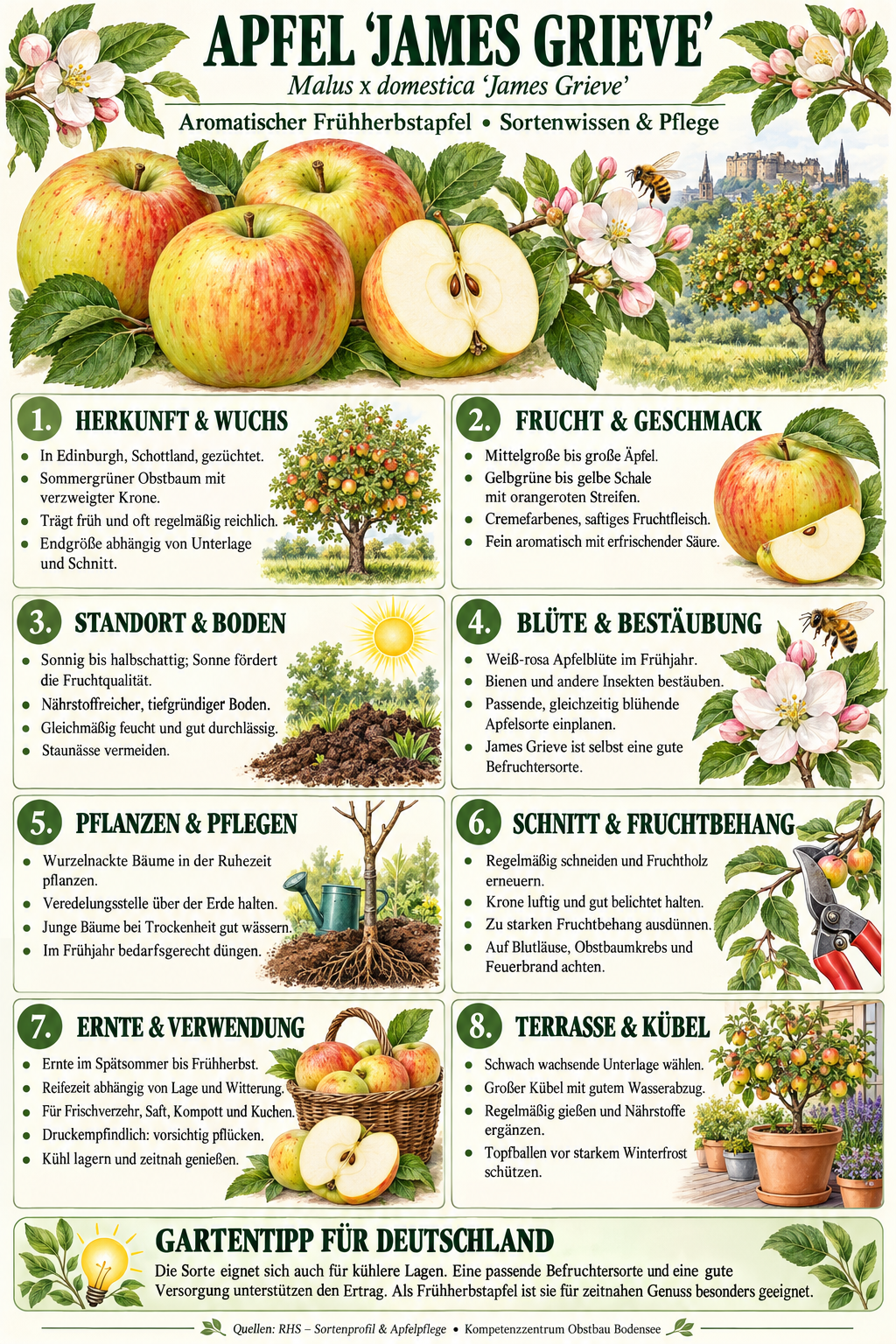 Apfelbaum ‘James Grieve’ – saftiger Sommerapfel für den Garten – 100–120 cm inkl. Topf – Malus x domestica