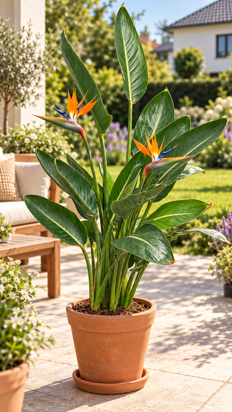 Strelitzie – Paradiesvogelblume (Strelitzia reginae), exotische Zimmerpflanze für Wintergarten & Terrasse – ca. 70 cm inkl. Topf
